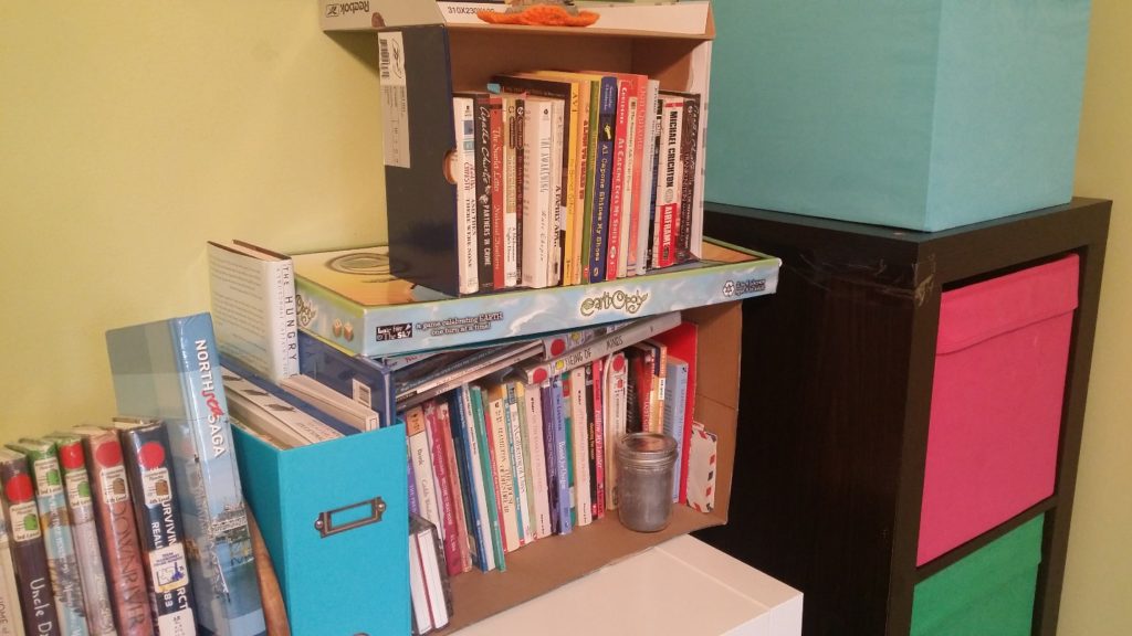 Shoe boxes and other boxes can add another layer on your book shelf.